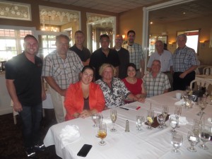 The CCB Media Staff gather to salute Greg Bone, owner of 99-9 the Q, on WQRC's 45th anniversary! Management staff include back, left to right: Sean Doherty, Marketing; Matt Pitta, News, Brian Barth, Digital; Jerry McKenna, Programming; Wayne White, Operations; Greg's son, James Bone; Greg; Steve Seymour, Owner-Partner; seated: Melinda Baker, Digital Sales Mgr.; Beverly Tilden, General Manager; Judy Crocker, Dir. Of Sales; and Dennis Hanley, CFO.